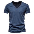 Frühling Sommer Baumwoll-T-Shirts Herren 2025 Schlichtes V-Ausschnitt Stretch Uni Neue Oberteile Kleidung Freizeit-T-Shirt Mann Streetwear Coole T-Shirts