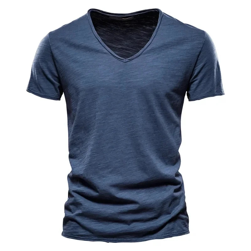Frühling Sommer Baumwoll-T-Shirts Herren 2025 Schlichtes V-Ausschnitt Stretch Uni Neue Oberteile Kleidung Freizeit-T-Shirt Mann Streetwear Coole T-Shirts