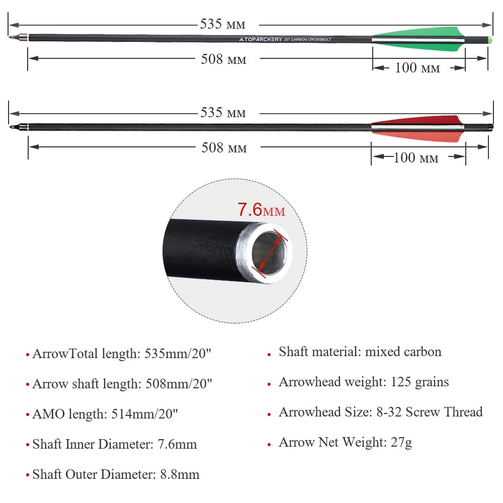 Carbon-Armbrustpfeil mit ersetzter Pfeilspitze, Bogenschießbolzen, Schießzubehör, Jagd, ID8.8, AD7.6, 20"