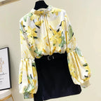 Yellow Floral Printing Chiffon Stand Collar Lantern Sleeve Pullover Women's Blouse Shirt Casual Female Clothing Tops Fashion