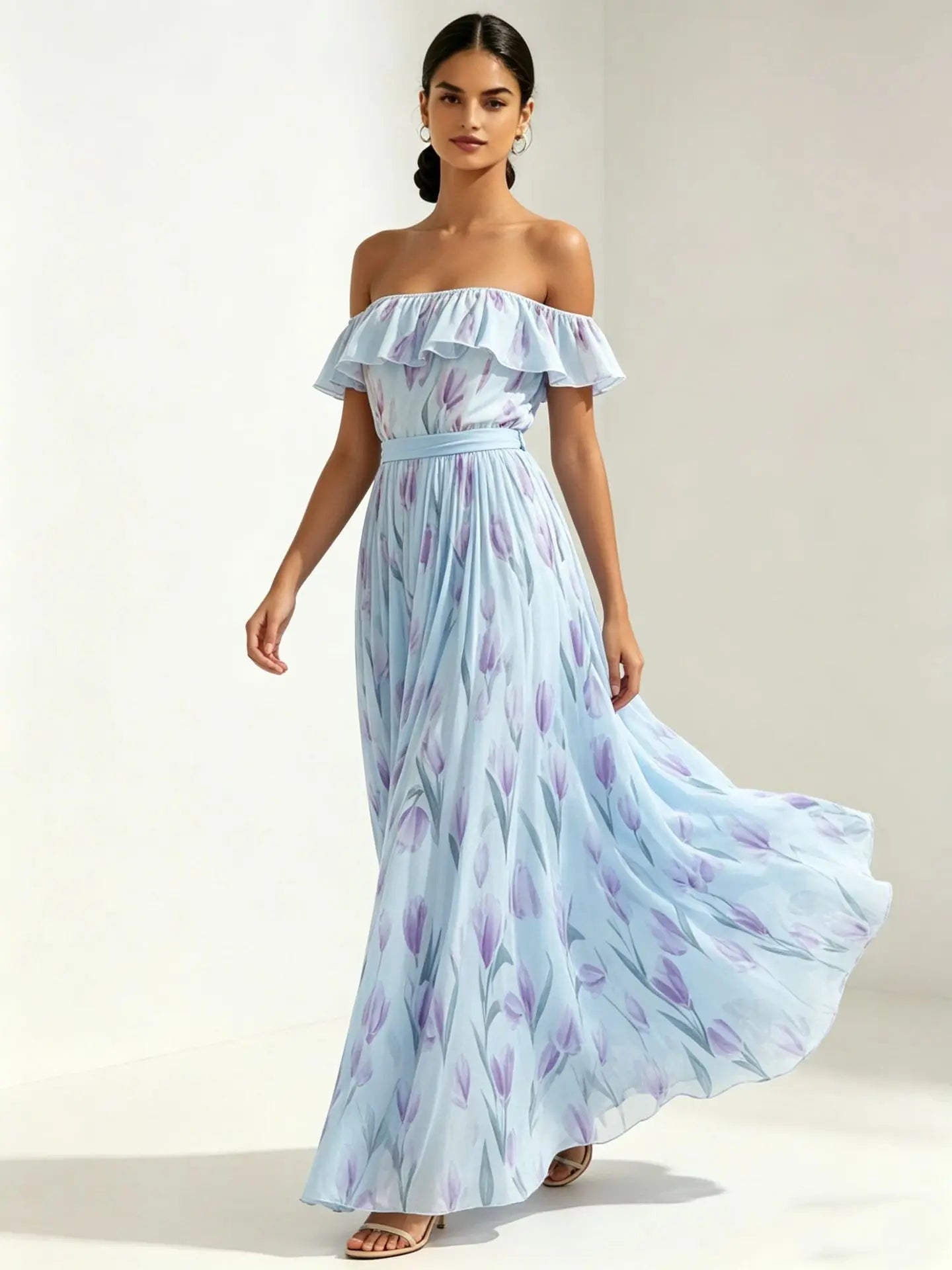 2026 Sommer schulterfreies Kleid mit Tulpenprint in großen Größen, schlankmachend, mit eckigem Ausschnitt und Maxilänge