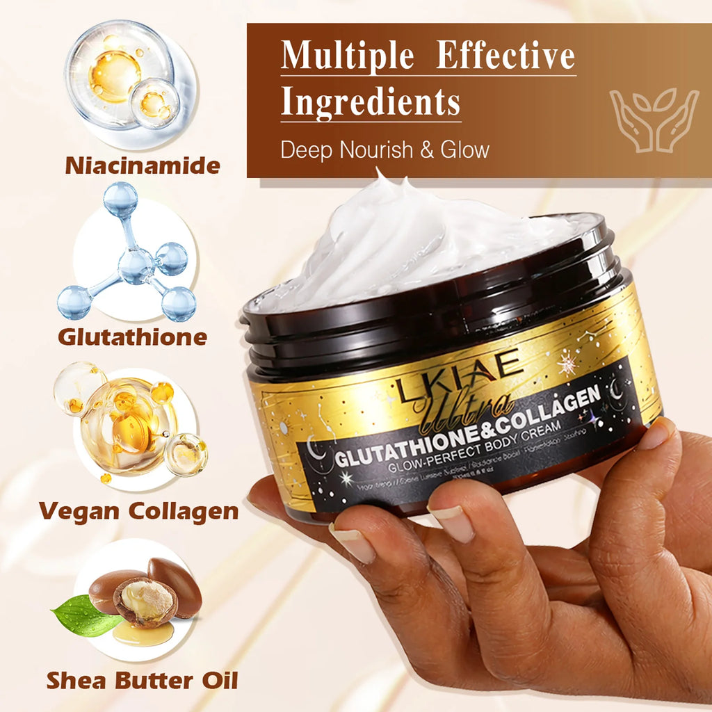 LKIAE Ultra Glutathione Kollagen Haut Leuchtende Körpercreme, 24-Stunden Intensive Feuchtigkeit, Aufhellend, Tiefenpflege & Glanz, 200ml