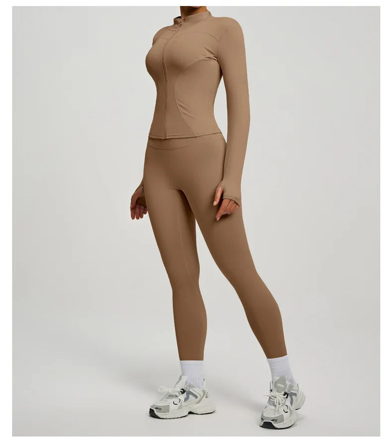 SVEIC Damen Zweiteiliger Trainingsanzug Yoga Set Langarmjacke High Waisted Leggings Atmungsaktive Sportkleidung Für Frauen