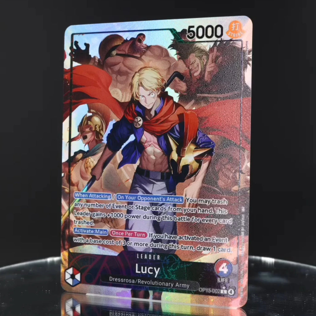 One Piece TCG OPCG Englisch Leaderkarte OP15 Leader-Karten-Set Ruffy Lucy Enel Krieg Rebeca Brook KAMI's Island Textured Foil Karte