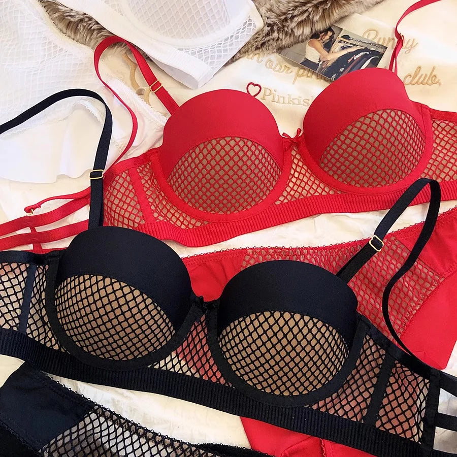 Mesh-Spitzenunterwäsche Damen Sexy kleiner Busen Push-Up-Dessous für Frauen BH-Sets Rot Weiß Hochzeitsmädchen Dicke Intimates BCD