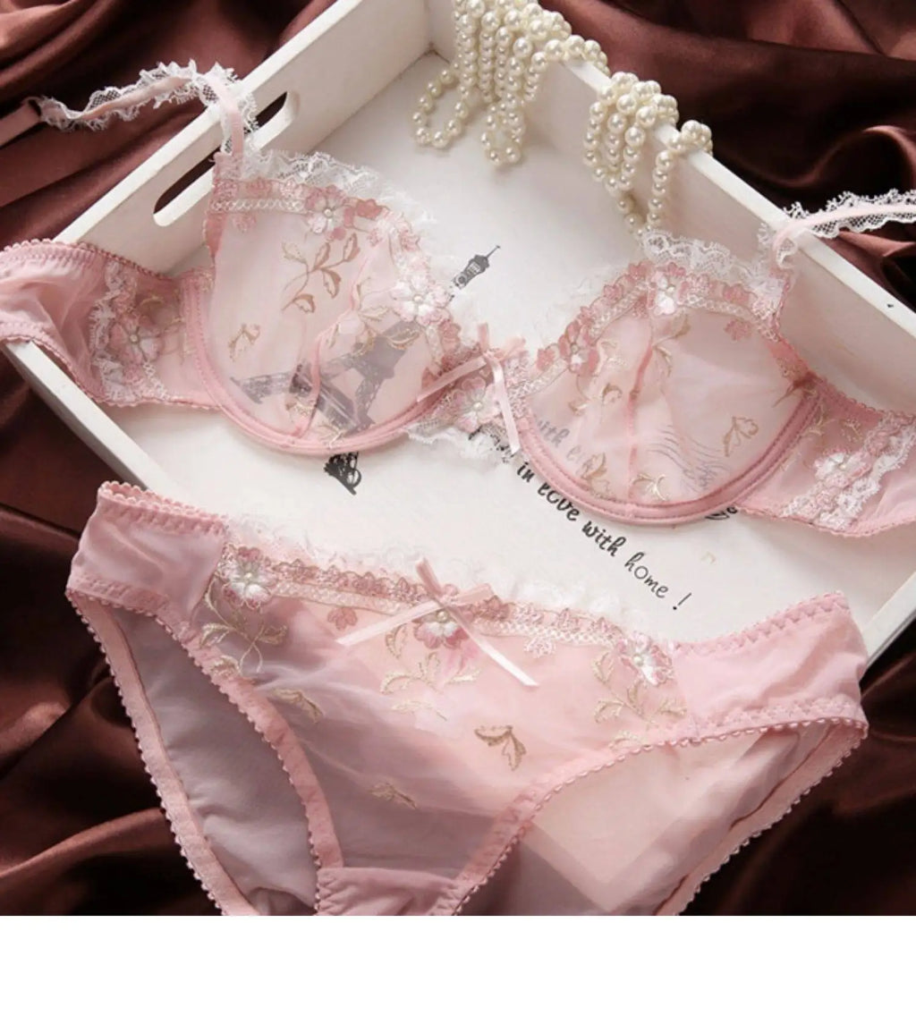 Französischer Minimizer-BH-Set | Große Größe, ungefüttert, Spitze, Halb-Cup, große Körbchen, dünn, Anti-Schwerkraft, transparenter Dessous-Set BANERDANNI BHs