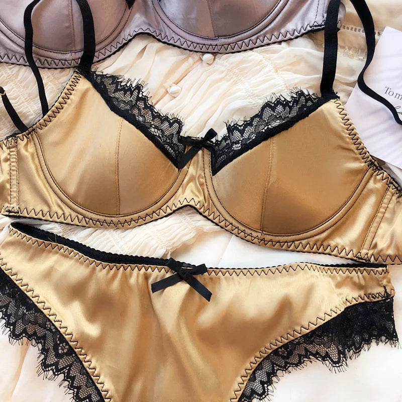 Französisches Dessous-Set mit dünnen Cups, sexy Spitze, Push-up-BH, Mode für Damen, Seidenstoff, Unterwäsche, hochwertige Intimates, BHs und Höschen
