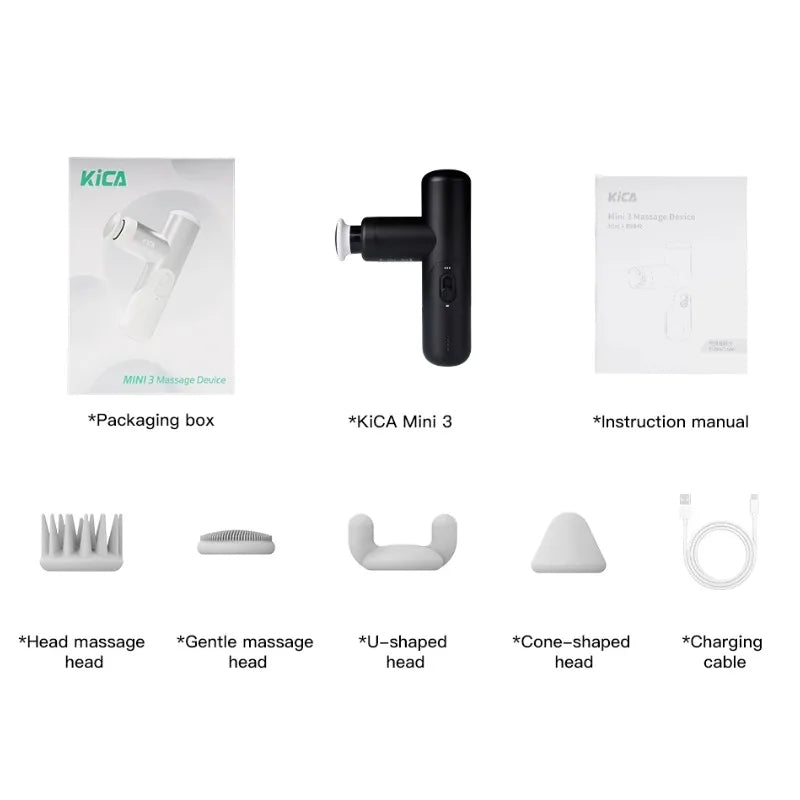 Kica Mini 3 Massagepistole, 3000 U/min stufenlose Geschwindigkeit, 7 kgf Schlagkraft, 4 Köpfe, 255 g leichter Sport-Muskelmassagegerät