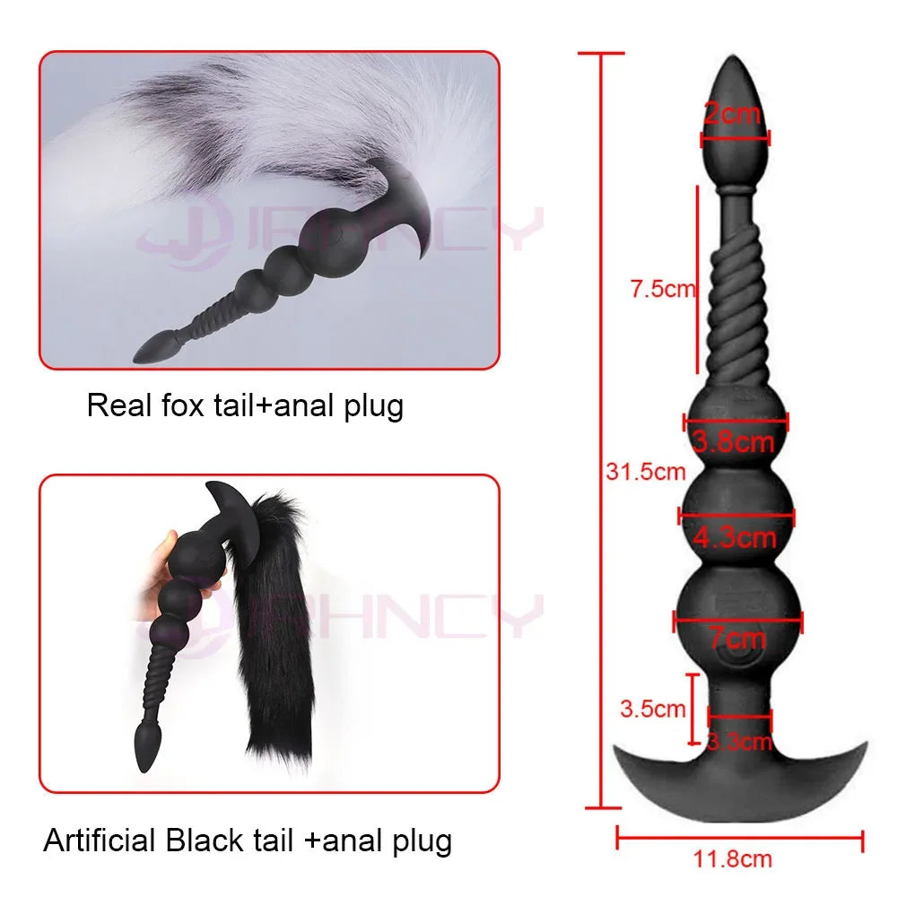3-10cm Großer Analsex Plug mit Schwanz Sexspielzeug für Erwachsene Spiele Paare DIY Cosplay Großer Butt Plug Silikon Weich Lang Anal Beads Frauen