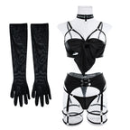 Sexy Dessous-Set mit Schleifenverzierung, durchbrochen, für Damen, einfarbig, exotische Bekleidung, weiblicher Stil, reine Begierde, Unterwäsche mit Strapsen und Handschuhen
