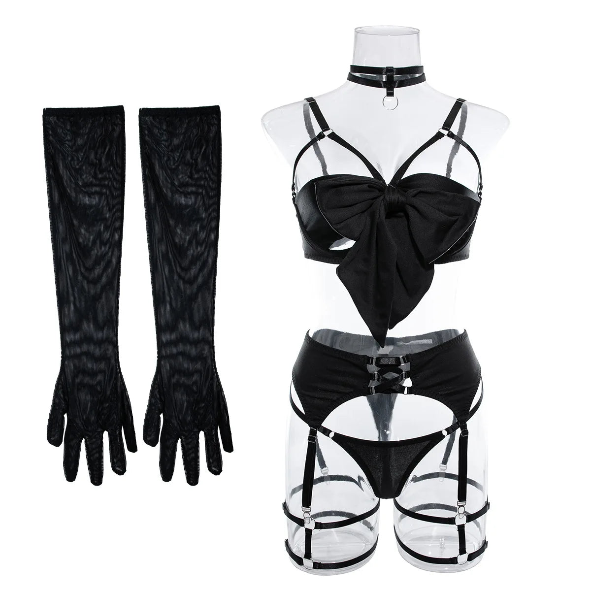 Sexy Dessous-Set mit Schleifenverzierung, durchbrochen, für Damen, einfarbig, exotische Bekleidung, weiblicher Stil, reine Begierde, Unterwäsche mit Strapsen und Handschuhen