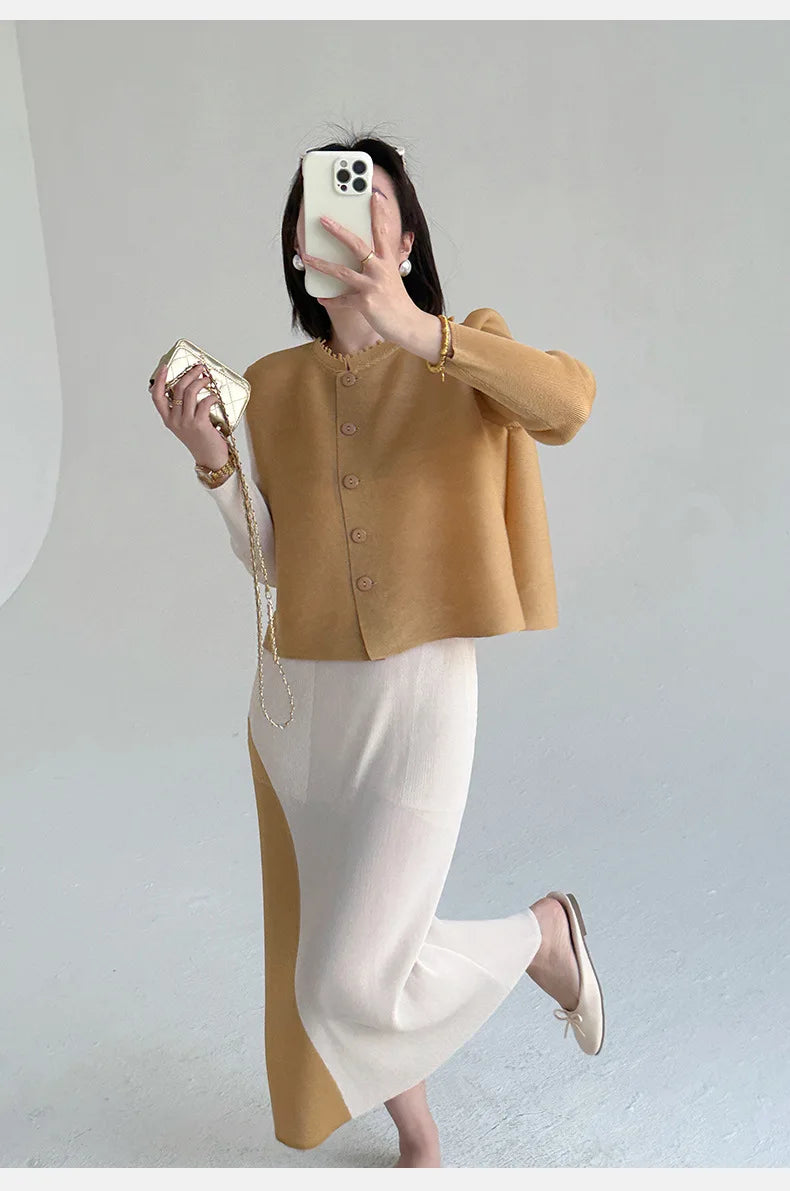 Khaki Beige Plissierte Rundhals-Knopfweste & Plissierter Color-Block-Rock Zweiteiler Fließendes Co-ord Set Minimalistisch Chic Trendy Täglich 2026