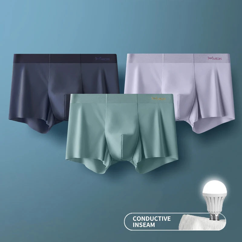 MIIOW 3er-Pack Ice Silk Herrenunterwäsche Boxer Metallfaser Antistatisch Herrenunterhosen Nahtloser Schnitt Saum Herren Slips Boxershorts Trunks