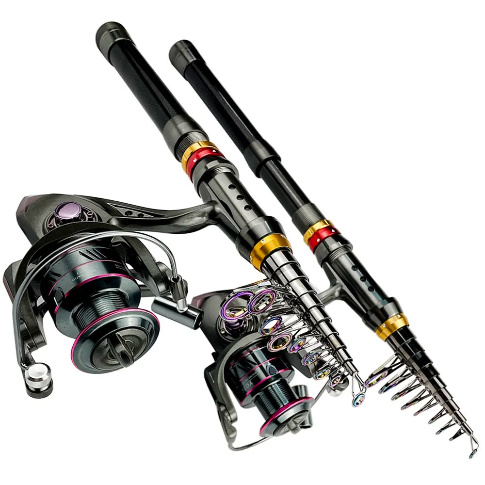 1.8-3.6m Kohlefaser Angelrute und Rollen-Set, superharte Teleskop-Angelrute, Spinnrollen-Set, max. Widerstand 3-8kg Pesca