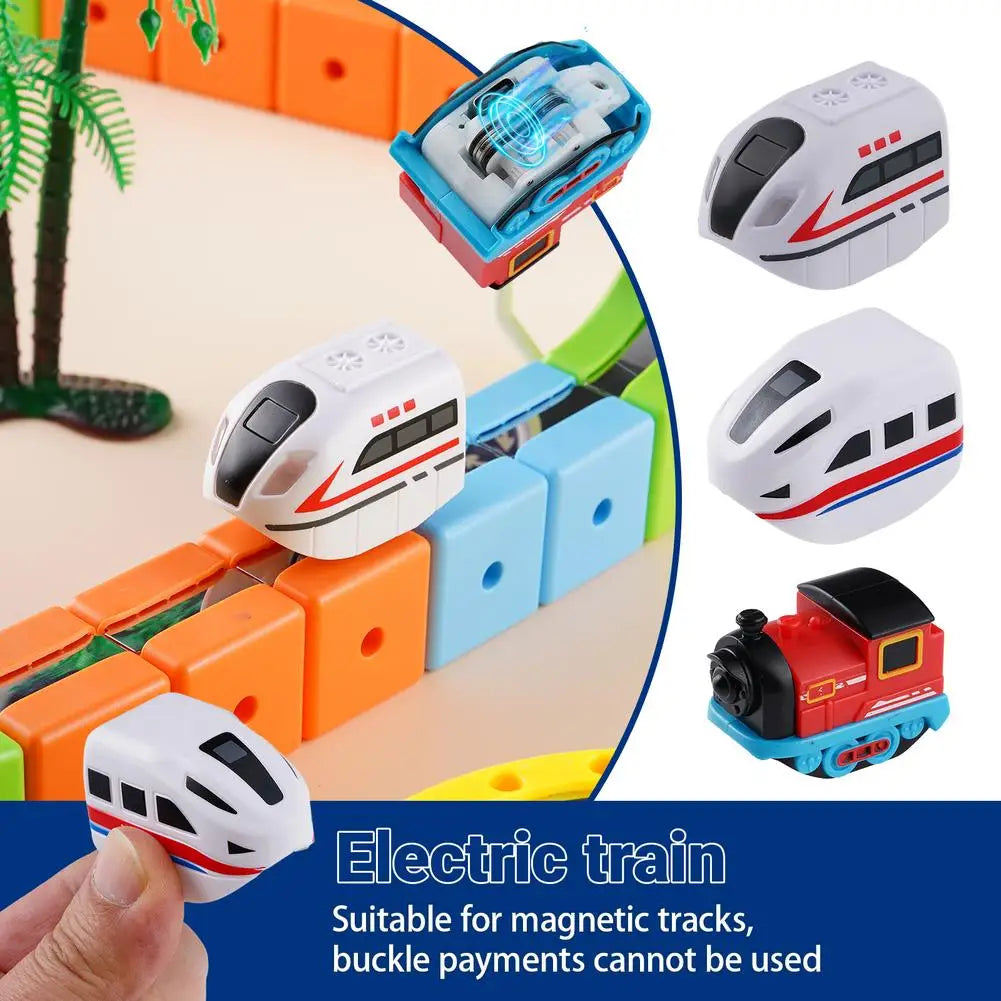 Magnetische elektrische Eisenbahnlokomotive Holzschiene Slot Diecast Eisenbahn mit zwei Waggons Holzzug Kinderspielzeug Biro Schiene