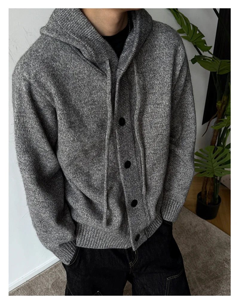 Neue lässige Luxus Strickjacke mit Kapuze für Herren Koreanische Mode Lockerer Cardigan mit Knopfleiste Y2K Vintage Streetwear Strickwaren Mantel
