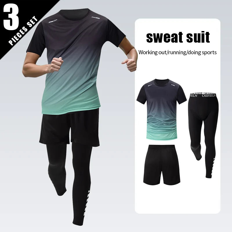 3-teiliger Herren-Sportanzug, schnelltrocknend, mit Farbverlauf, Freizeit-Sport, Laufen, kurze Ärmel, bequeme Sonnencreme, Hose, Joker-Shorts