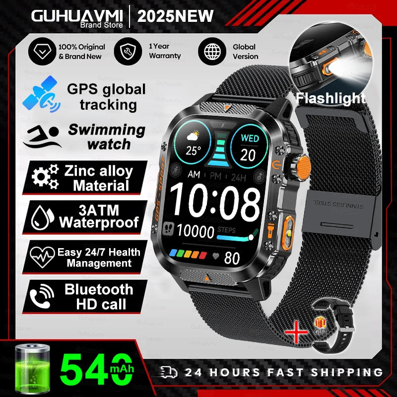 2025Neue GPS Smartwatch für Xiaomi IOS Militärkompass Taschenlampe Smartwatch Herren 10ATM Wasserdicht 100+Sportmodi BT Anruf Uhr