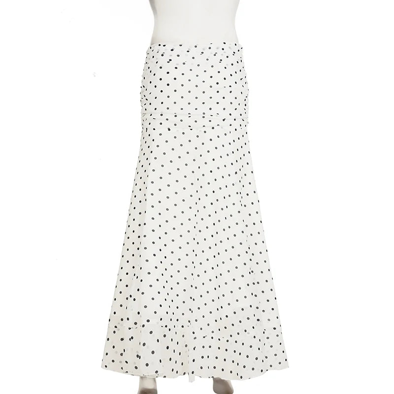 hirigin Tupfen Chiffon-Maxirock Französischer Stil Geraffter Mesh A-Linien-Rock Elegante Maxi-Unterteile Hohe Taille Streetwear