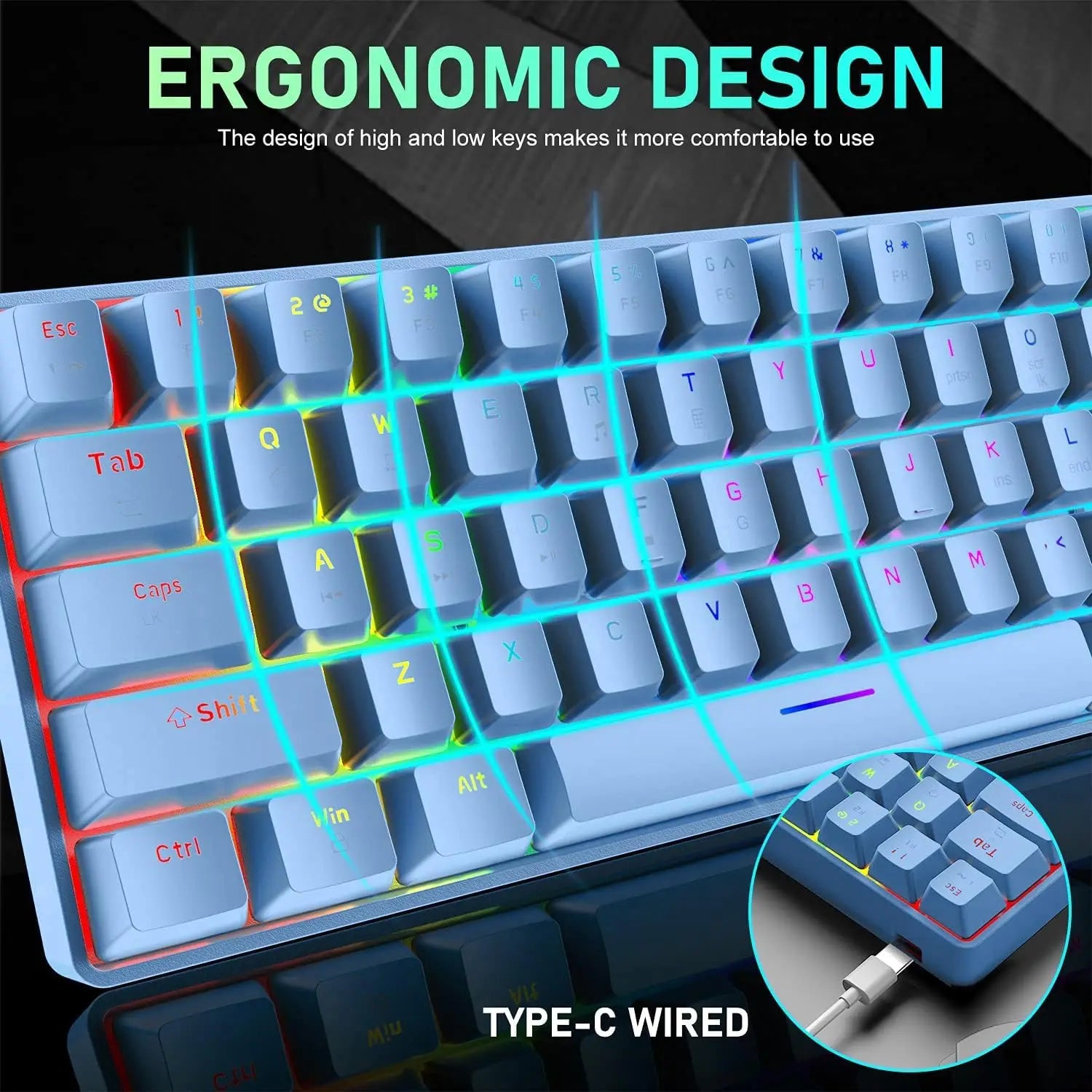 65 % kabelgebundenes mechanisches Gaming-Tastatur- und Maus-Combo, Mini-Tastatur mit 68 Tasten, RGB-Hintergrundbeleuchtung, leichte optische RGB-Wabenmaus