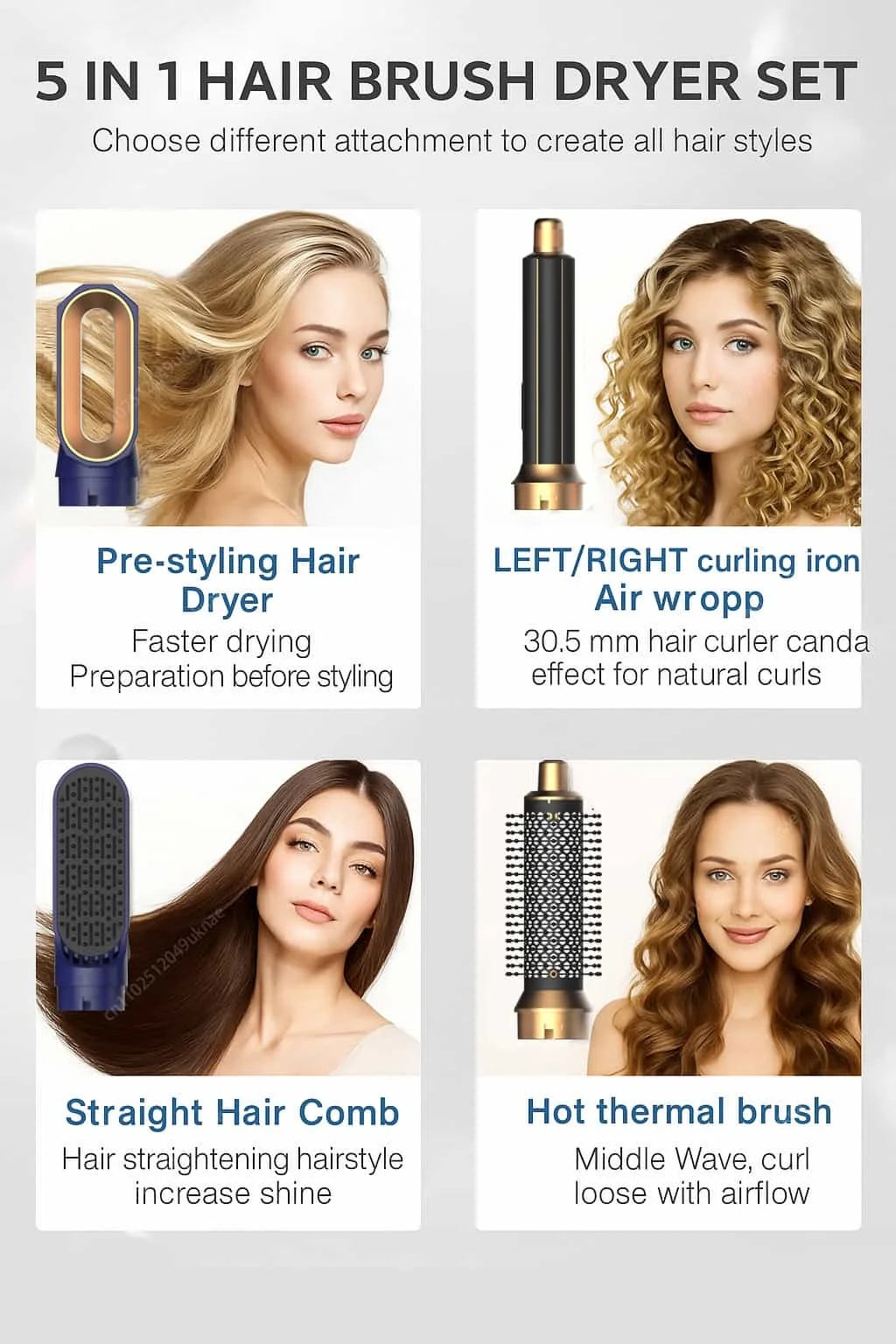 5-in-1-Haartrockner- und Heißluftkammbürste mit Lockenstab und Haarglätter zum schnellen Trocknen, Locken, Glätten und Stylen