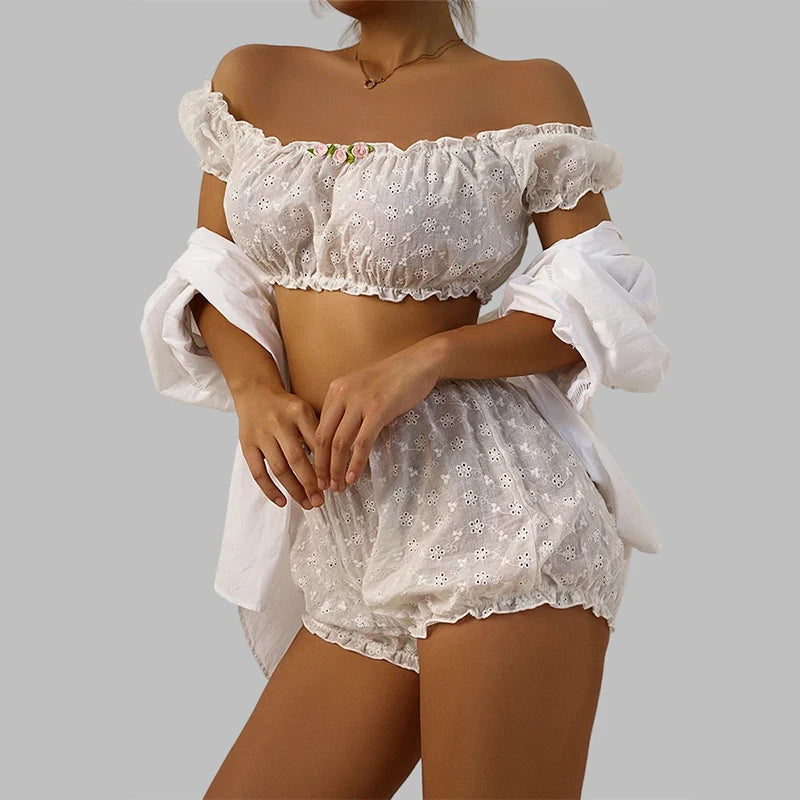 Sexy Dessous Rüschen Blumenstickerei Damenunterwäsche Schulterfreies Sexy BH-Set Bequemes Baumwoll-Intimwäsche-Set