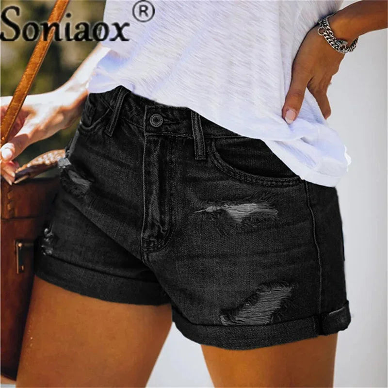 2024 Sommer neue Damen-Crimp-Knopfleiste Stretch Sexy Loch Jeans-Shorts High Waist Skinny Streetwear Trendige Ripped Denim-Shorts