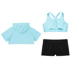 3Pcs Girls Sports Set Vest+Hooded Crop Top+Shorts Sportswear Set for Child Dance Yoga Running Cycling Workout Costume Activewear