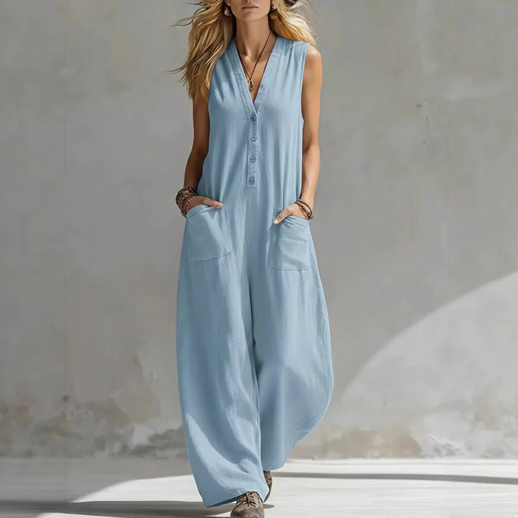 Jumpsuits Damen 2026 Playsuits Doppel-Taschen lässige Leinen-Baumwoll-Ärmellose lange Jumpsuits Damenbekleidung