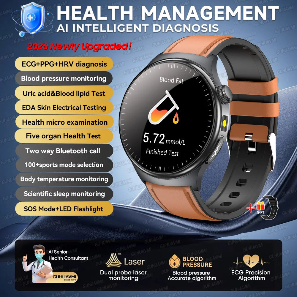 2026 Neue Mikrophysikalische Untersuchung Gesundheits-Smartwatch Herren EKG Harnsäure Lipide Blutdruck BT Anruf Smartwatch Für Android IOS