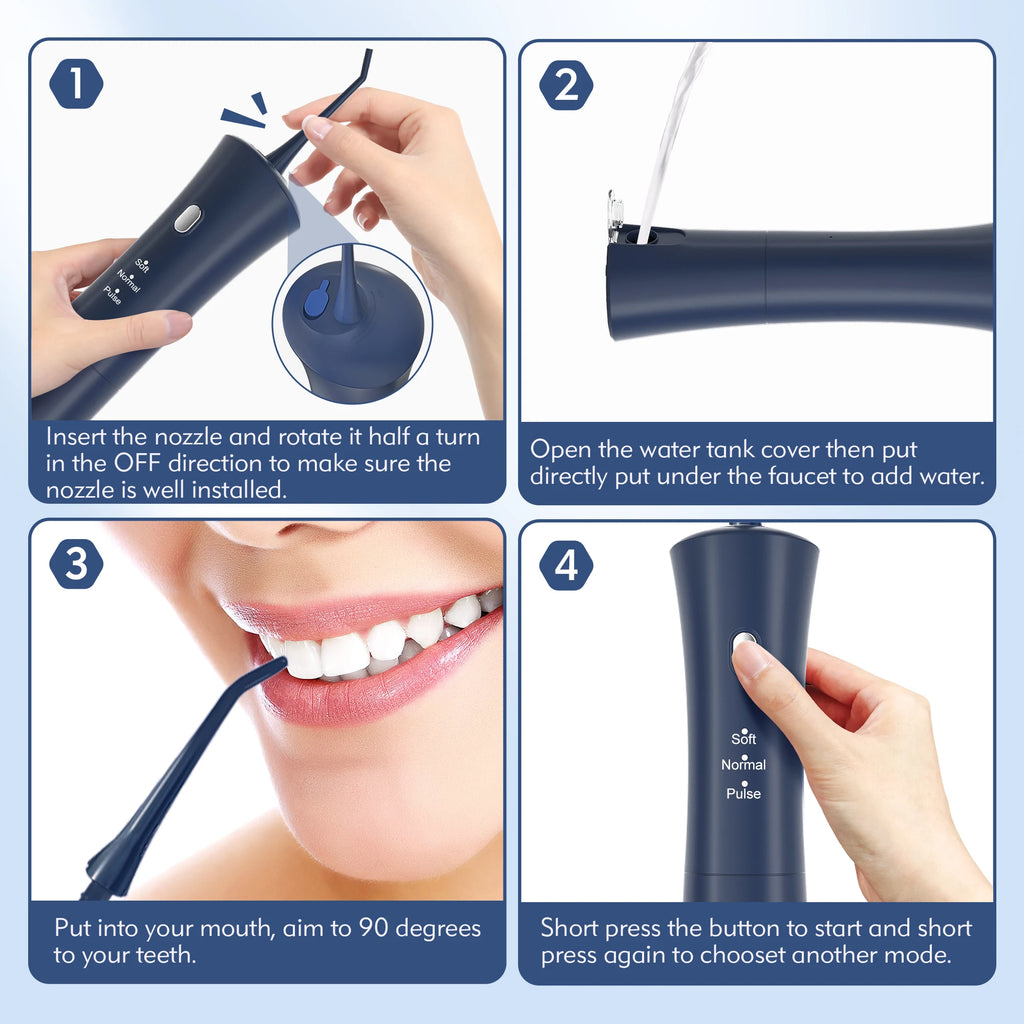Sejoy Tragbarer elektrischer Munddusche Wasserflosser 6 Düsen 3 Modi Wiederaufladbarer Smart Dental Water Jet Zahnreiniger