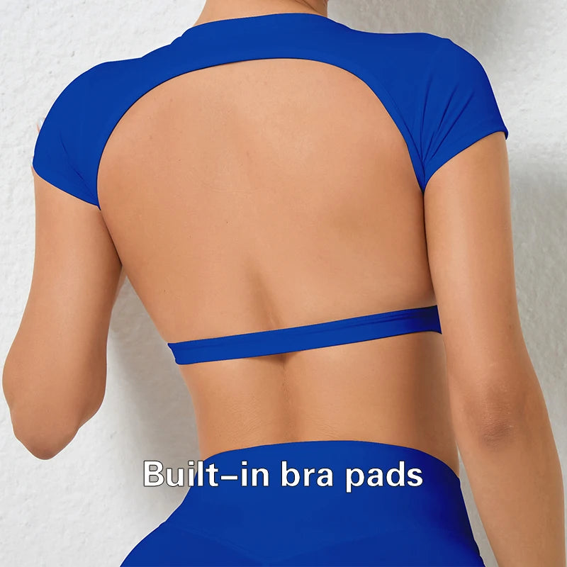 Hearuisavy Sommer Personalisierbare Sportshirts Workout Sportbekleidung Rückenloses Yoga-Kleidungsstück Brustpolster Sport Crop Tops Gym Top Damen