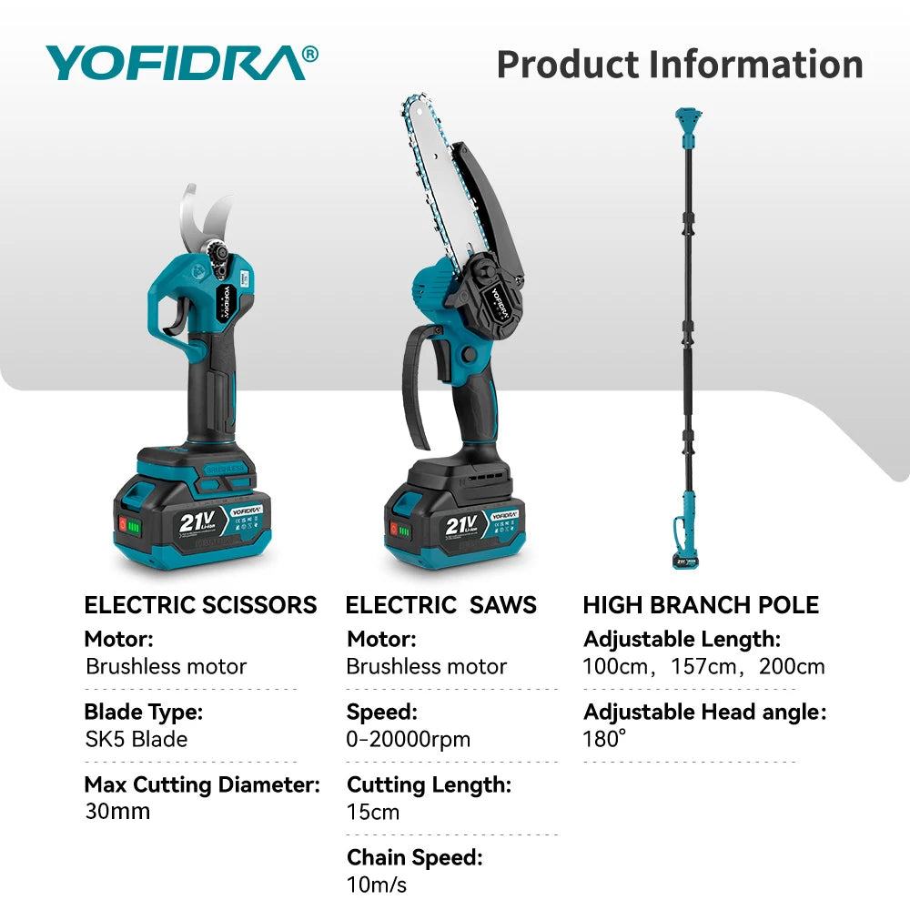 YOFIDRA Bürstenlose Teleskop-Astsäge, elektrische Kettensäge, hoch skalierbar, 30 mm Astschere, Gartengerät für Makita Akku-Anschluss