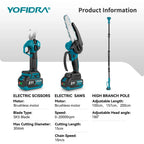 YOFIDRA Bürstenlose Teleskop-Astsäge, elektrische Kettensäge, hoch skalierbar, 30 mm Astschere, Gartengerät für Makita Akku-Anschluss