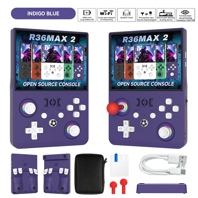 2026 Aktualisierte R36MAX2 Retro-Handheld-Spielkonsole 4,5 Zoll HD-Bildschirm 1024*768 Open Source Tragbarer Taschen-Videospiel-Player