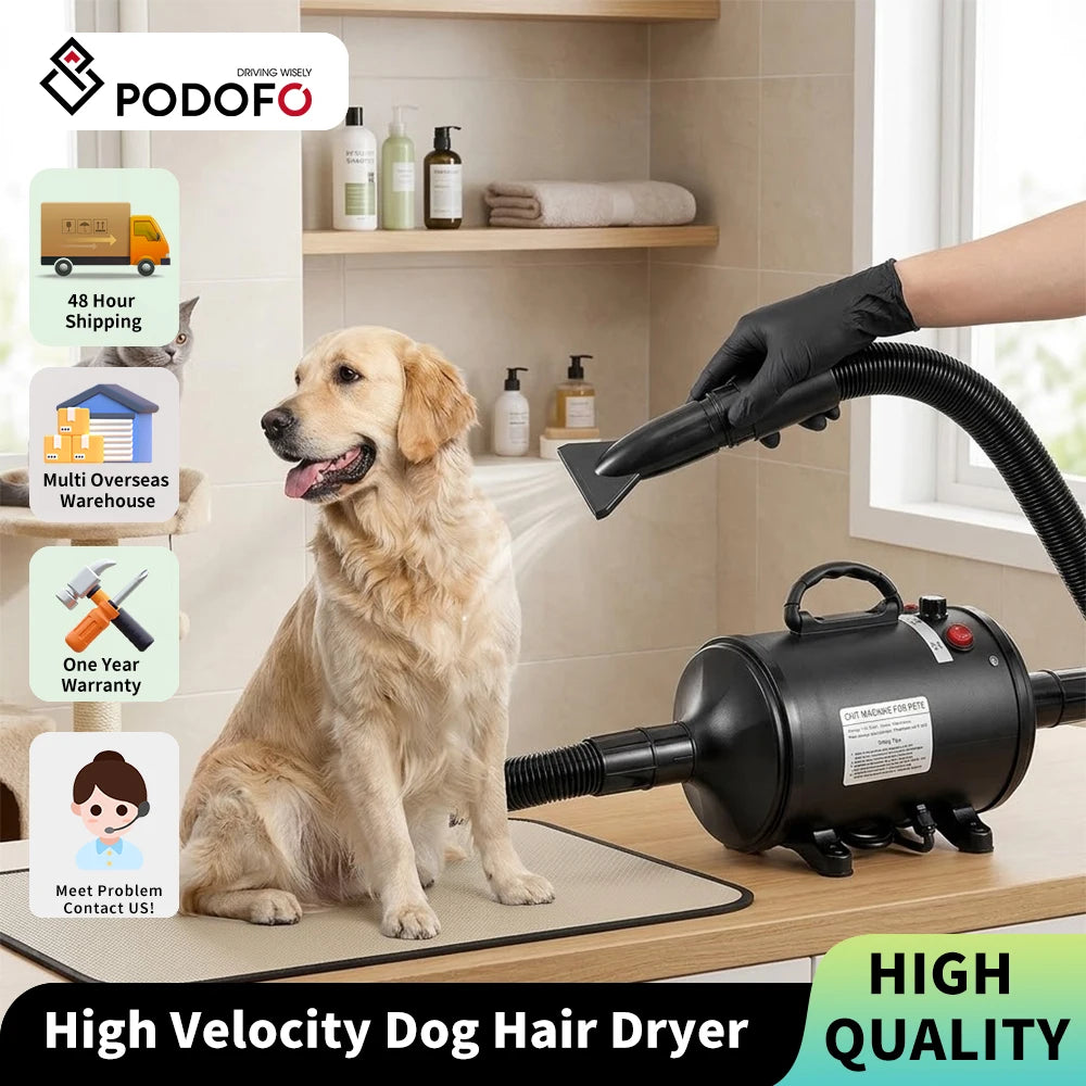 Podofo 5.2HP/ 2800W Hochgeschwindigkeits-Hundeföhn, einstellbare Temperatur und Geschwindigkeit, Haustierfön mit 4 Düsen und Kamm für die Tierhaarpflege