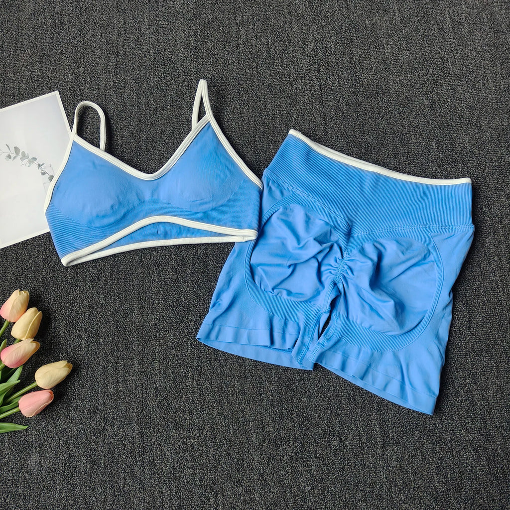 Pfirsich-Po-Yoga-Anzug Damen Gym Nahtloser Träger-BH mit Raffung Hoher Bund Po-Lifting Bauchstraffende Shorts Fitness-Set