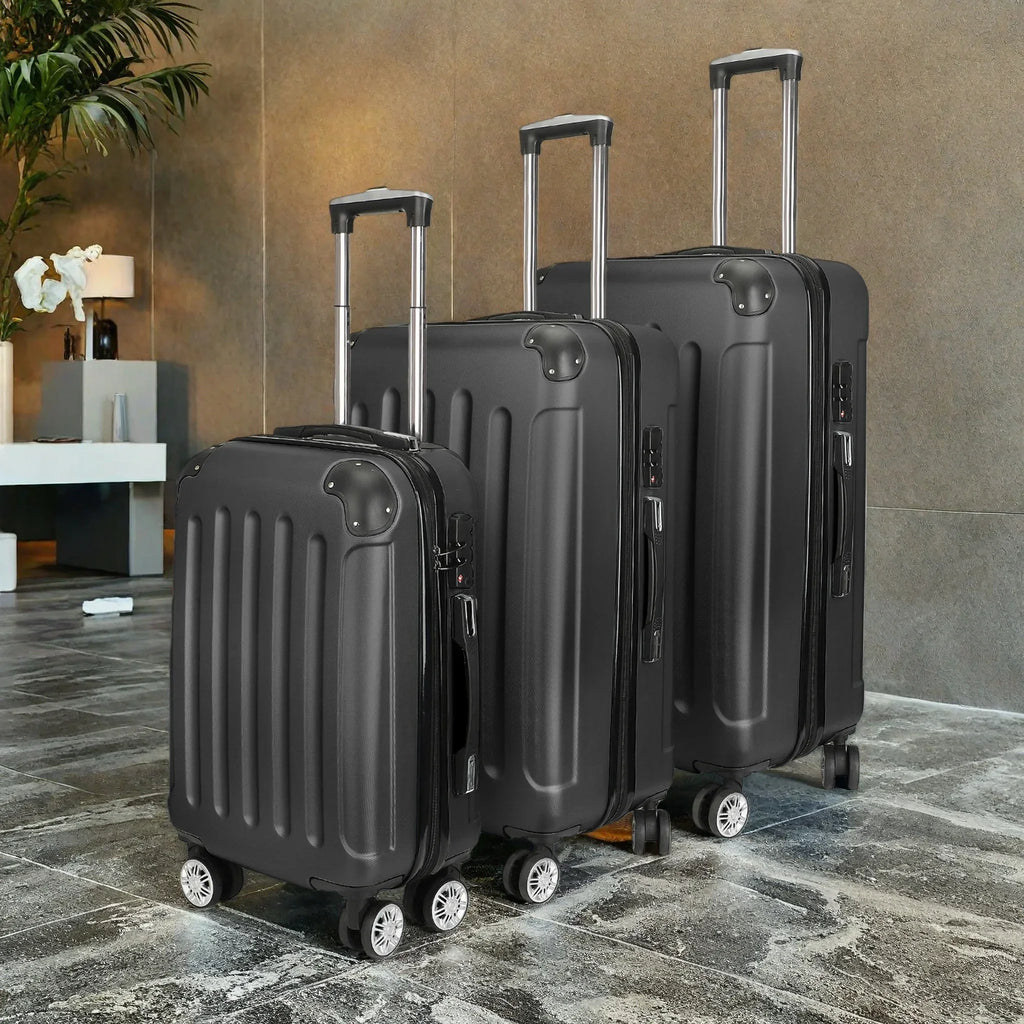 Comanlai 3-teiliges Rollkoffer-Set, schwarze Hartschalenkoffer, klassisches Streifendesign, mit 360°-Universalrollen, TSA-Schloss und Teleskopgriff, für Geschäftsreisen und Outdoor-Urlaub