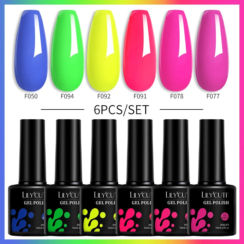 LILYCUTE 7ML 6PCS Neon Gel Nagellack Set fluoreszierend Farbwechsel Semi Permanent Soak Off Maniküre-Kit Nail Art Gel