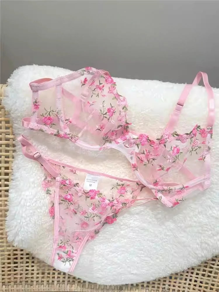 YUQI Französisches Luxus-Dessous-Set – sexy BH- und Höschen-Set mit floraler Stickerei in Schwarz, durchsichtige, transparente, verführerische Damen-Unterwäsche