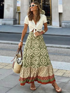 Damenrock mit elastischem Bund und Blumenmuster, großer Tellerrock, Boho-Midi-Rock im Patchwork-Stil, geeignet für Strand und Alltag