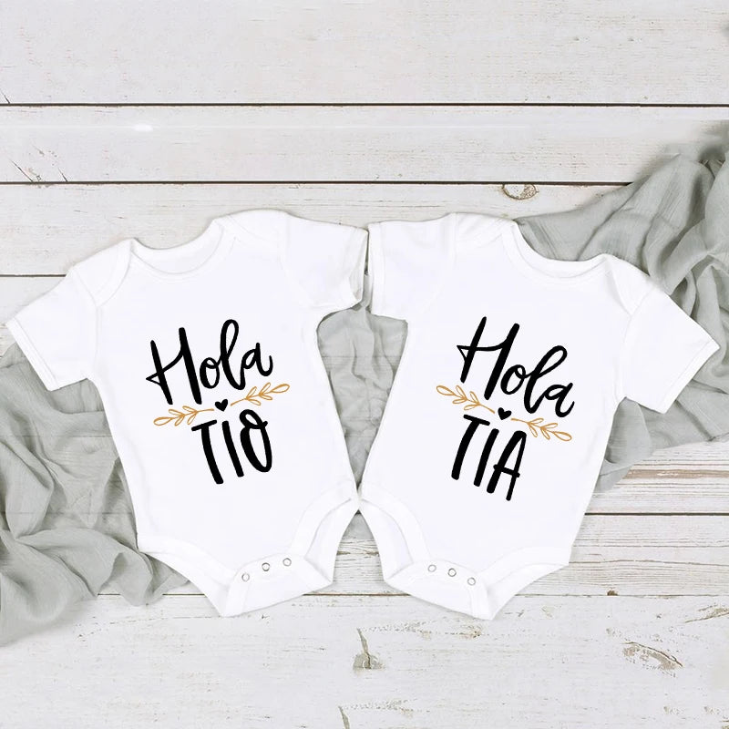 Hola Tio Tia Schwangerschaftsankündigung Baby Body Strampler Säuglingskleidung Freizeit-Overalls Schwangerschaftsgeschenk für neue Tante Onkel