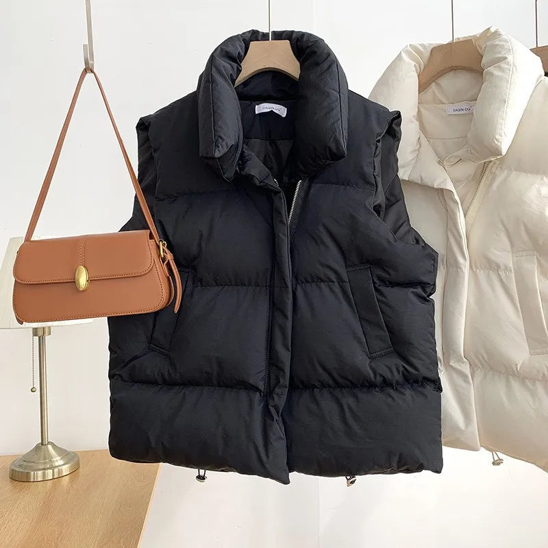 Damenmode Herbst Neu 2024 Stehkragen Elegante Daunenmäntel Warme Oberbekleidung Freizeitgürtel Ärmellose Winter Damenwesten Jacken
