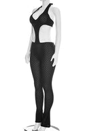 Beyprern Sexy Schwarzer Häkel-Cut-Out-Jumpsuit Damen Halter Neck Rückenfrei Durchsichtig Einteiler Romper Hohe Taille Eng Anliegende Clubwear