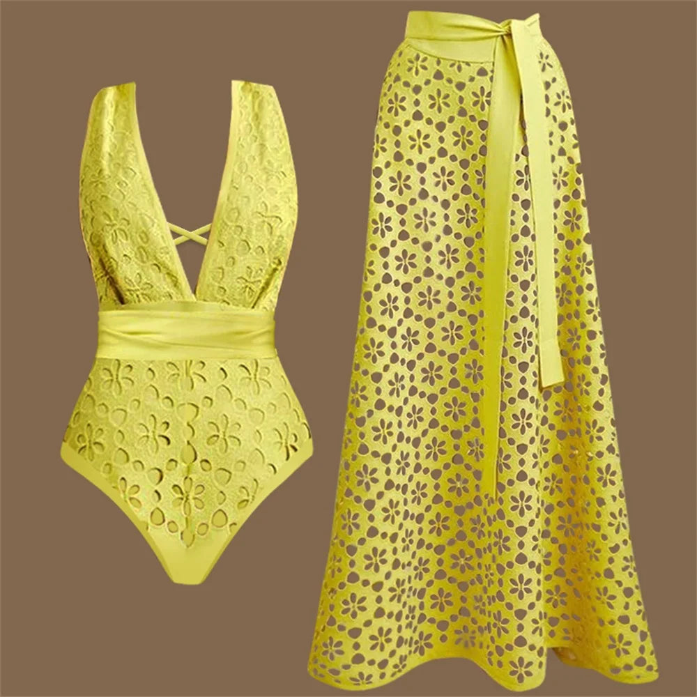 2tlg. bedruckter Badeanzug Damen Sexy Bademode Neuer Bikini mit langem Rock Damen Biquini Push Up Badeanzug Body Strandkleidung Strandtuch