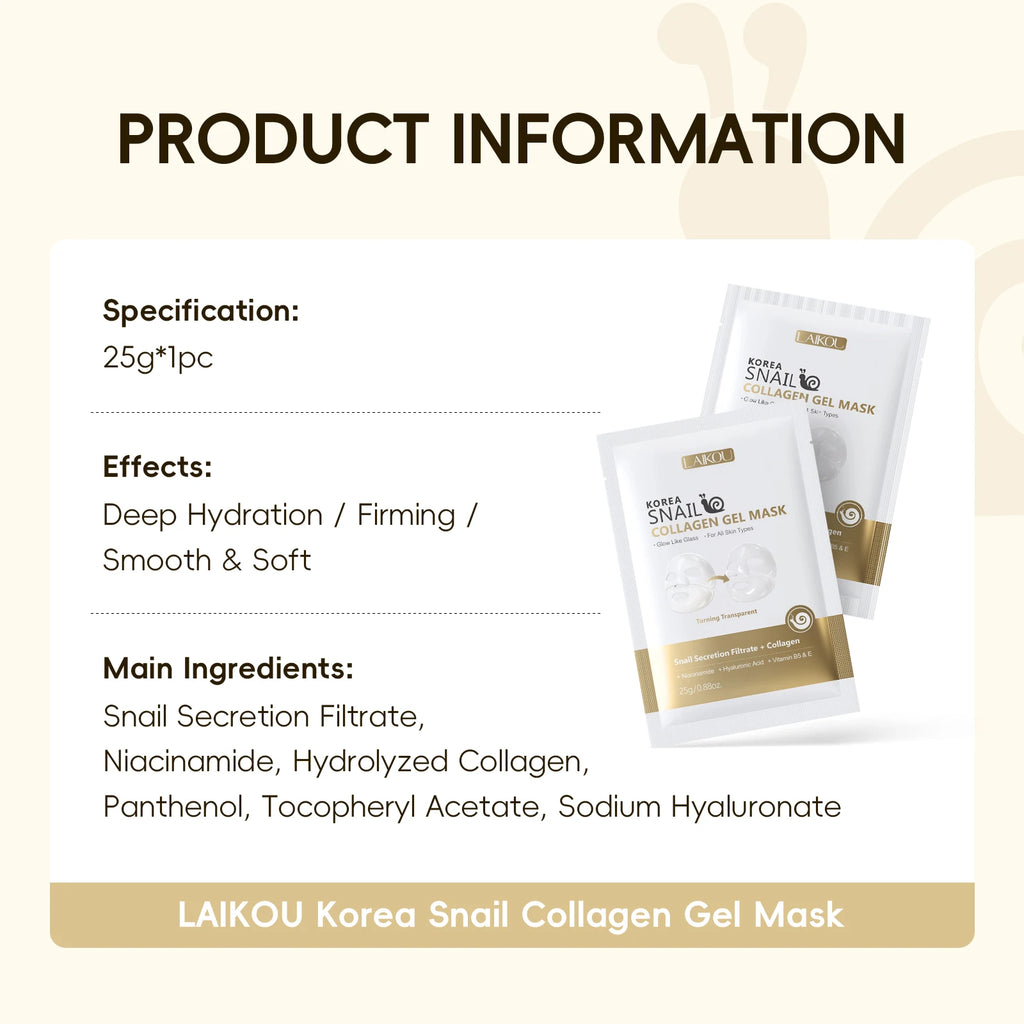 LAIKOU Korea Schnecken-Kollagen-Essenz-Maske, feuchtigkeitsspendende Tuchmaske, Anti-Falten-Gesichtsmaske, straffende Hautpflege, 25g*20 Stück