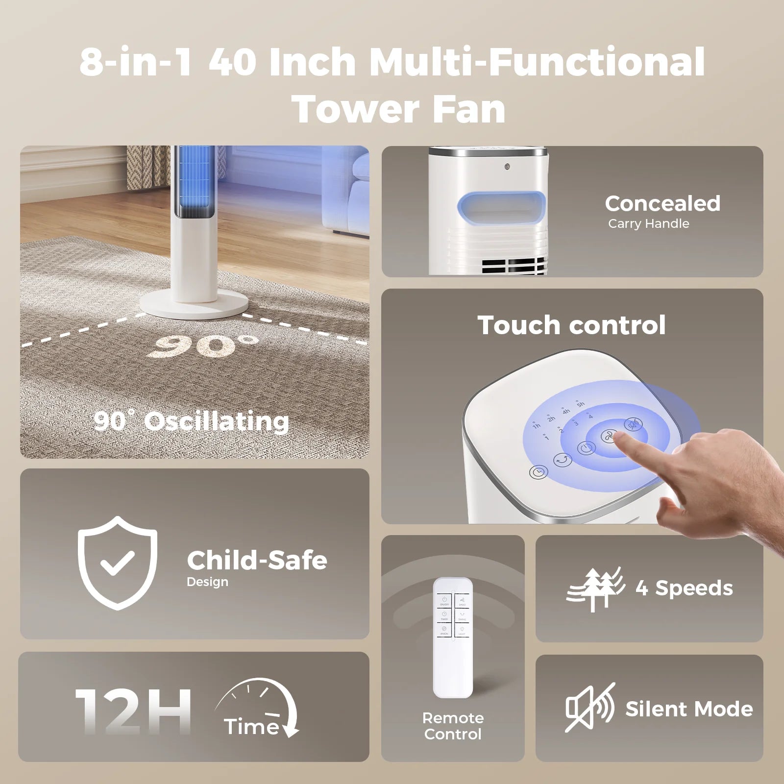Patbrela 40-Zoll elektrischer Turmventilator, 4 Geschwindigkeiten, 51° Oszillation, Fernbedienung, 12H Timer, 45W mit Touch-Steuerung