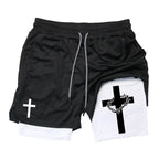 Herren-2-in-1-Lauf-Workout-Shorts mit Druck, Christian Gym Athletic Performance Shorts mit Handytasche und Handtuchschlaufe, Activewear