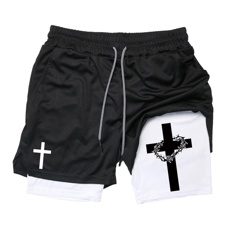 Herren-2-in-1-Lauf-Workout-Shorts mit Druck, Christian Gym Athletic Performance Shorts mit Handytasche und Handtuchschlaufe, Activewear