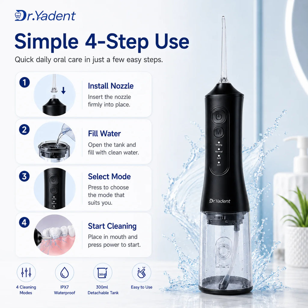 Dr.Yadent YD06 Kabelloser Munddusche Wasserflosser 300ML Tragbarer Wasserstrahl USB-C Schnellladung 7 Düsen 4 Modi IPX7 Wasserdicht